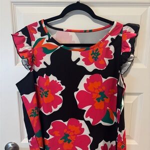 Floral Ruffle Sleeve Top - Black and Pink